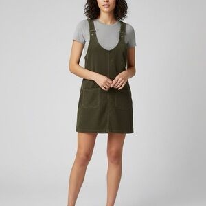 Corduroy cotton women’s pinafore jumper mini dress overalls dark olive green